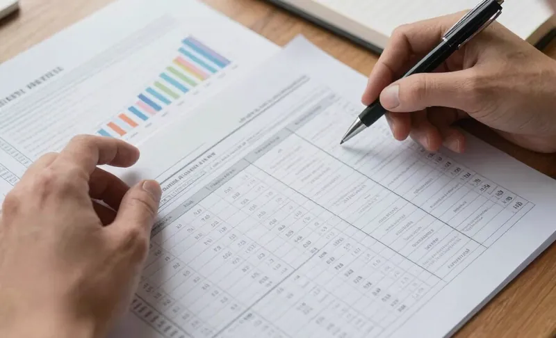 Consultant reviewing market data on paper
